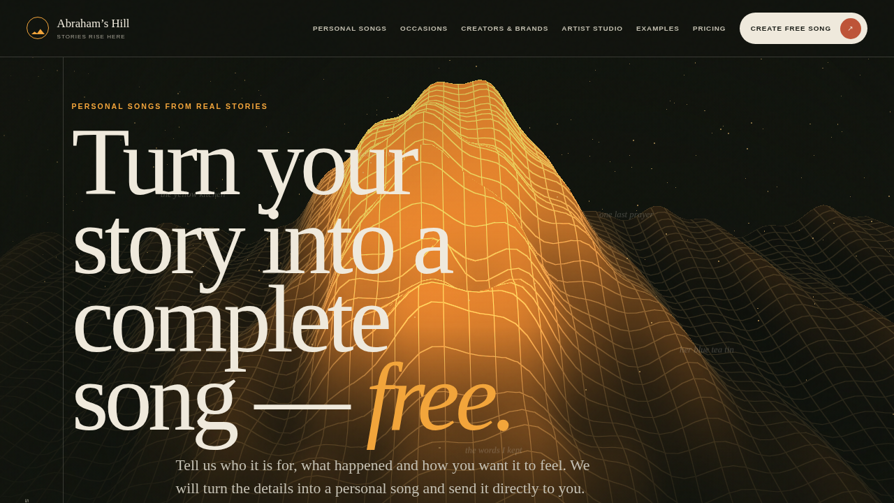 Actual Abraham's Hill homepage with an interactive mountain landscape and free StorySong invitation