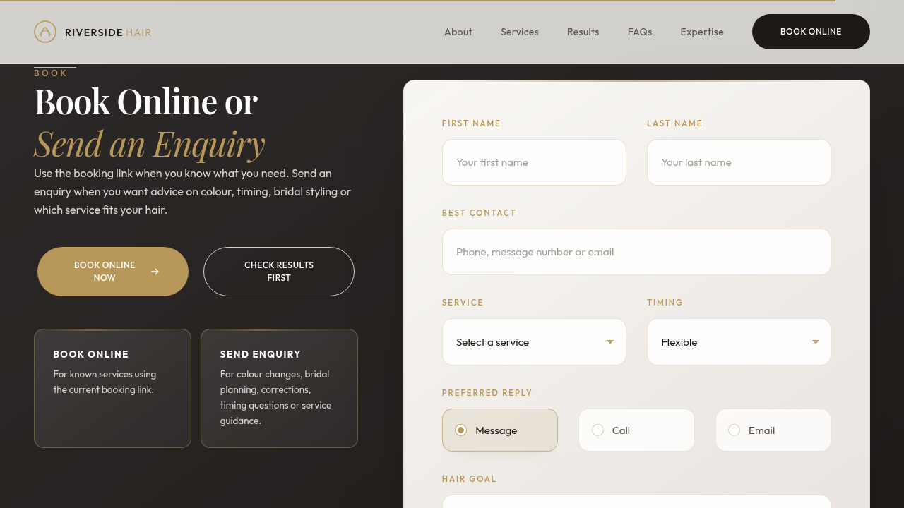 Actual Riverside Hair enquiry section with service, timing, contact, preferred reply and hair-goal fields