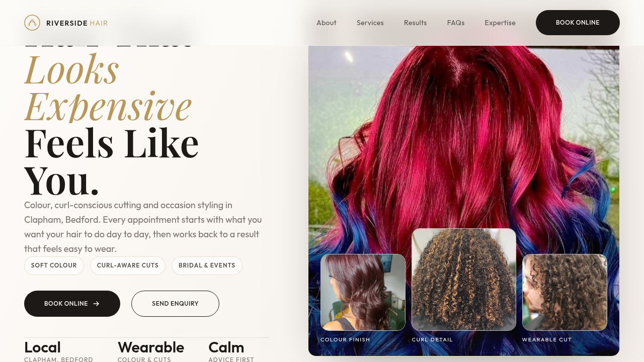 Actual Riverside Hair homepage showing the salon positioning, real client work and booking choices